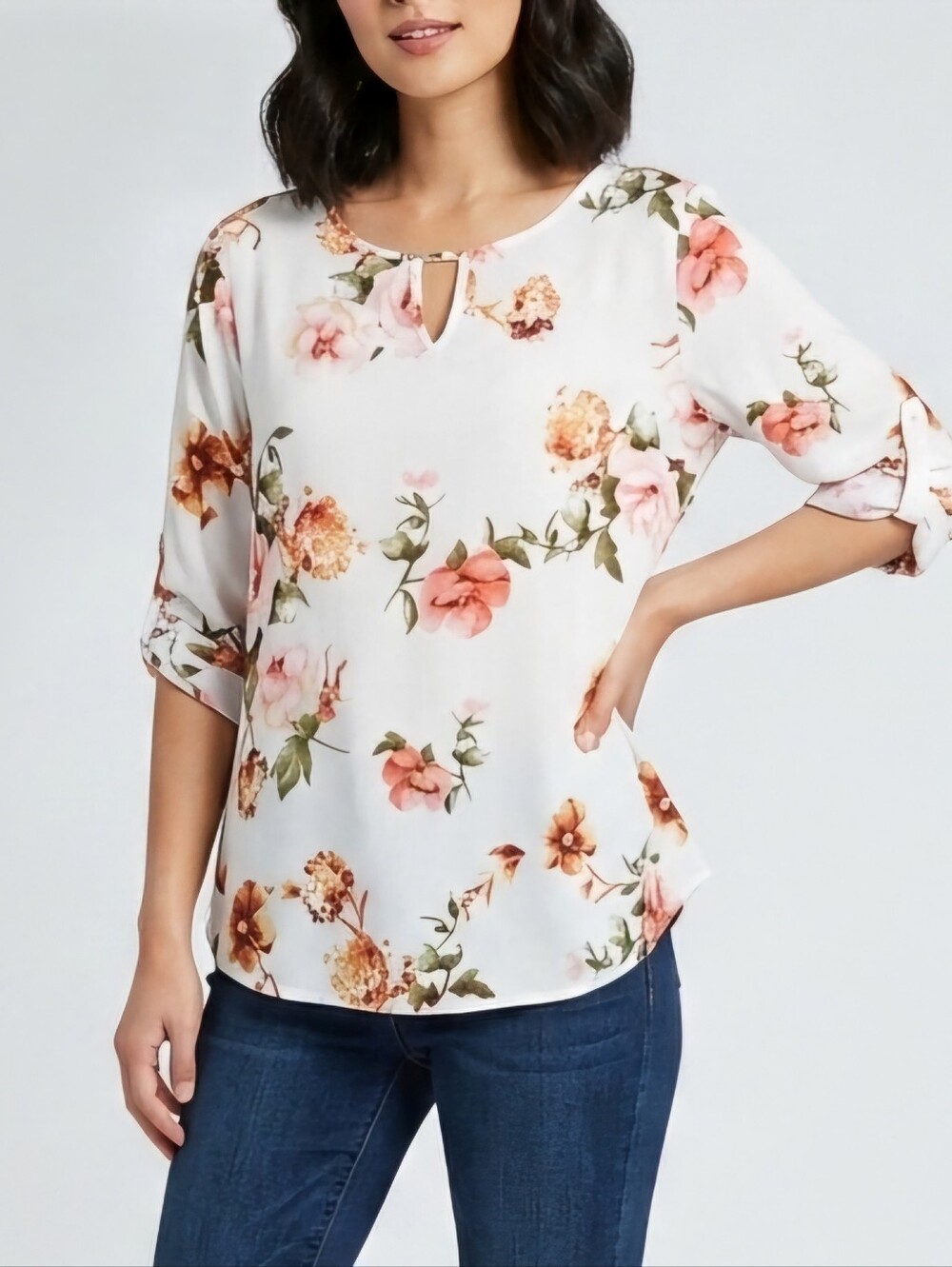 3/$20 Floral Print Top Womens Size XL White Stretch 3/4 Sleeves